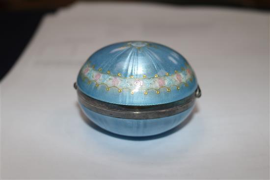 An early 20th century continental silver and blue guilloche enamel circular powder box, with hinged lid